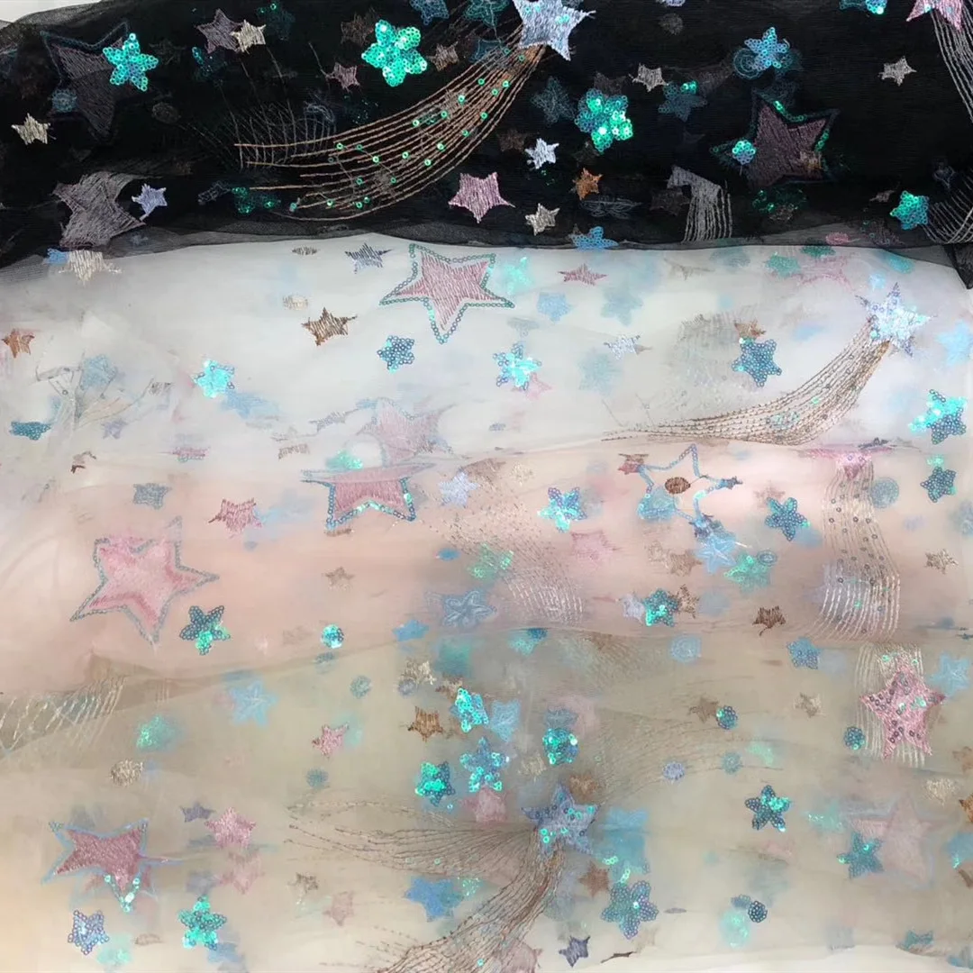 Sequin Stars Meteor Embroidery Lace Mesh Fabric for Sewing Gowns Dress Shirts, Sold by yard