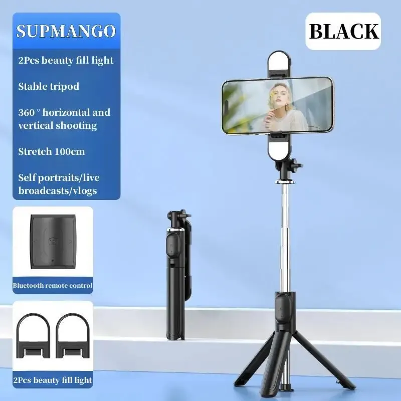 Cell Phone 1M Selfie Stick Tripod Bluetooth Remote Wireless Selfi Stick Phone Holder Stand with Beauty Fill Light For Phone