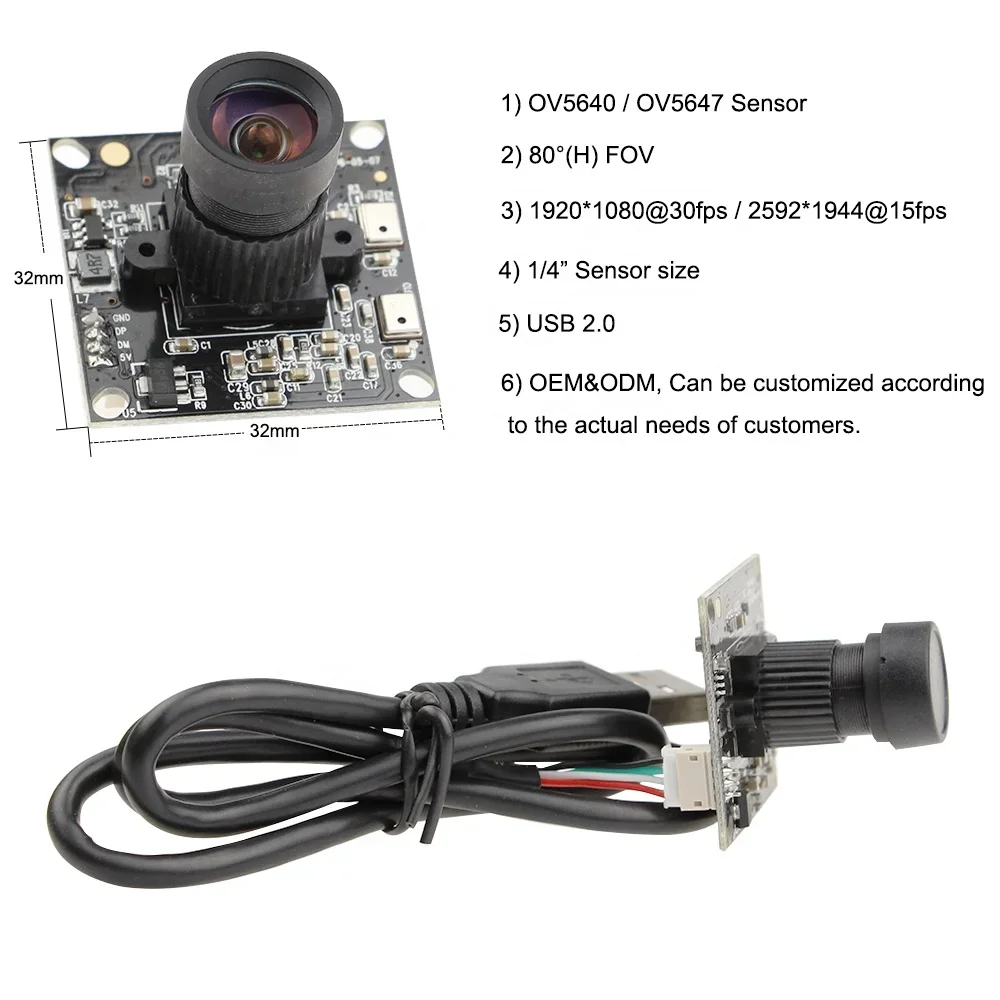 In stock High Quality OEM 5MP Sensor Omnivision Fisheye OV5640 PCB Mini USB Camera Module 2592x1944 Resolution 30FPS for