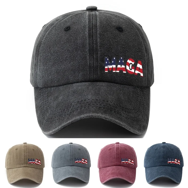 

1pc American Popular Baseball Cap, MAGA Side Printing Fashion Washed Baseball Cap, Adjustable Size Baseball Cap