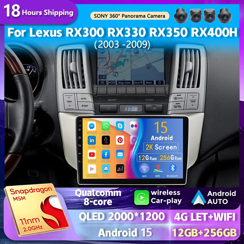 android 15 wifi+4G Carplay AUTO Car Radio For Lexus RX300 RX330 RX350 RX400H 2003 -2009 Navigation GPS Player Stereo Multimedia 