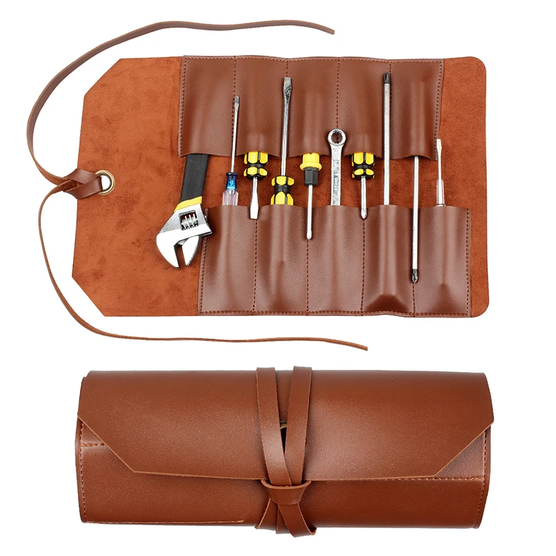 Multifunctional Leather Tool Roll Bag Portable Pouch Tool Bag Wrench Tool Foldable Spanner Hammer Camping Pocket Storage Bag