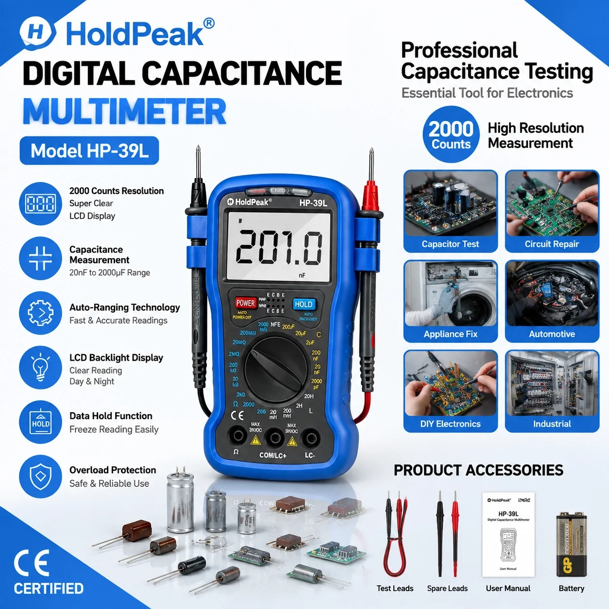 HoldPeak 39L Digital LCR Meter Resistance Capacitance Inductance Tester Transistor hFE Backlit LCD Auto Power Off