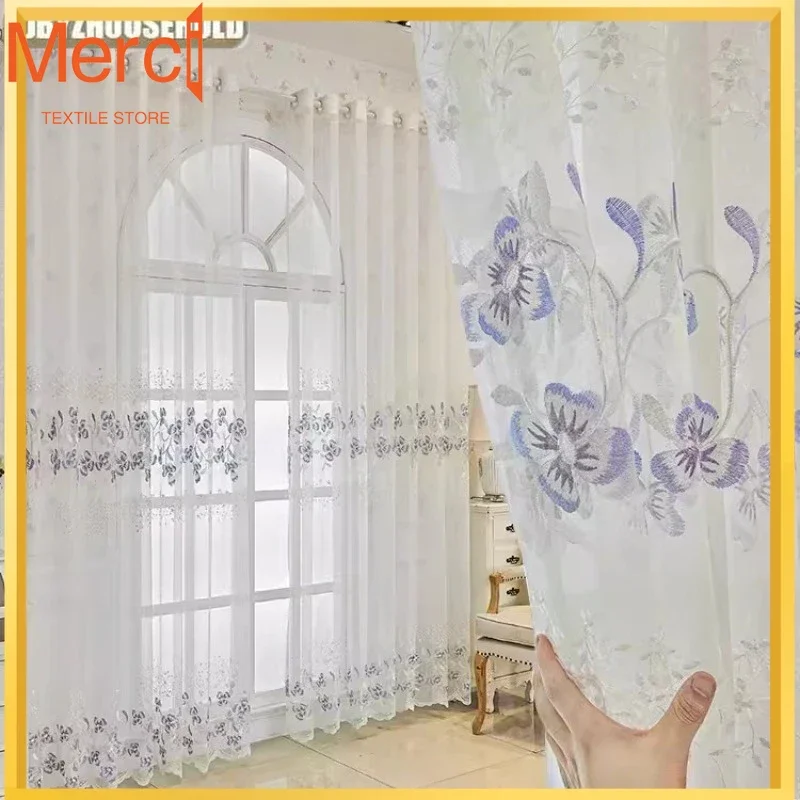 Luxury European Simple Modern High-grade Embroidery Gauze Curtains For Living Dining Room Bedroom Floor Customize