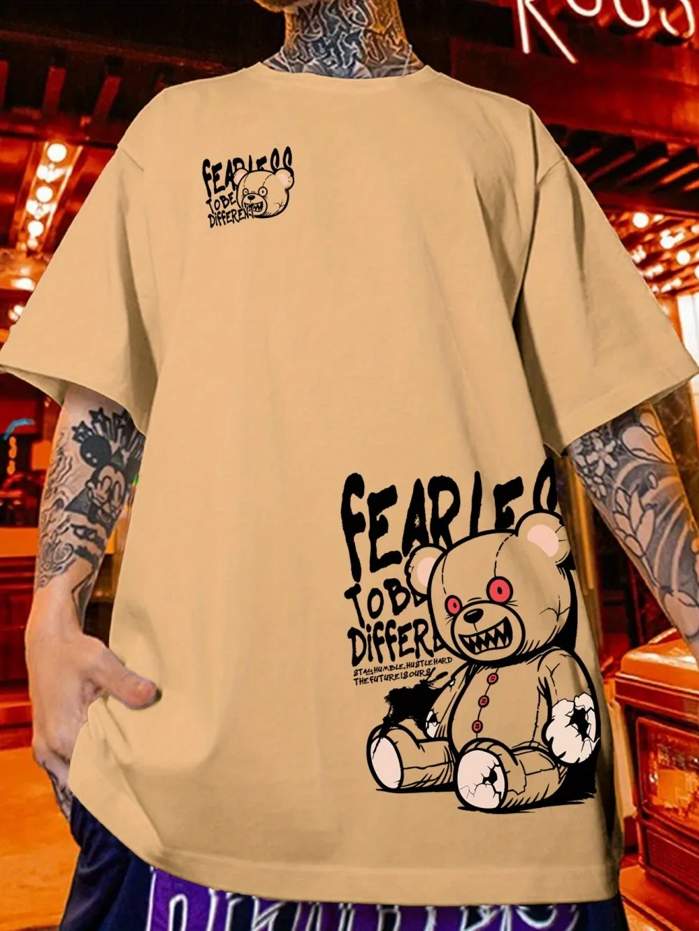 European and American Men's Summer Angry Teddy Bear Letter Print Soft and Breathable Round Neck T-Shirt Outdoor Street Top