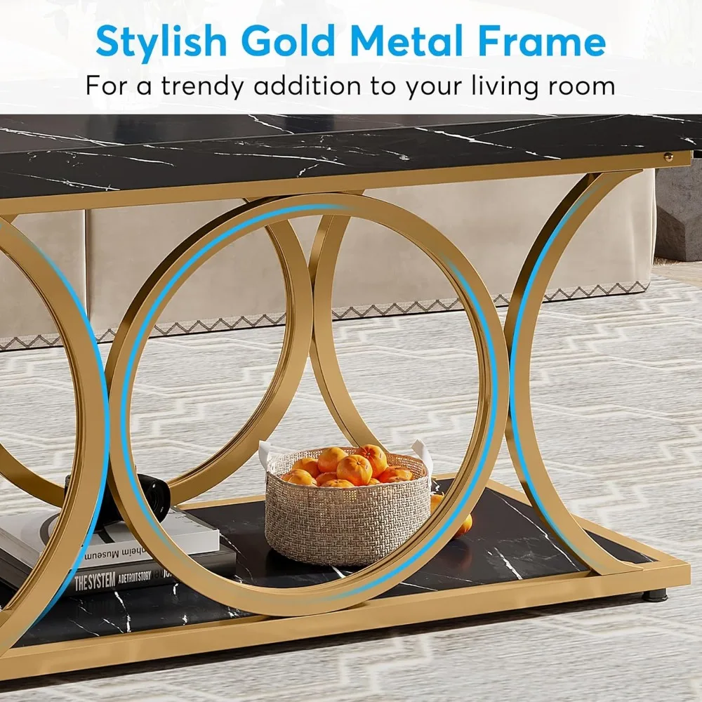 Rectangle Coffee Table, 47.24-inch Modern Coffee Tables for Living Room, 2-Tier Faux Marble Wood Coffee Table