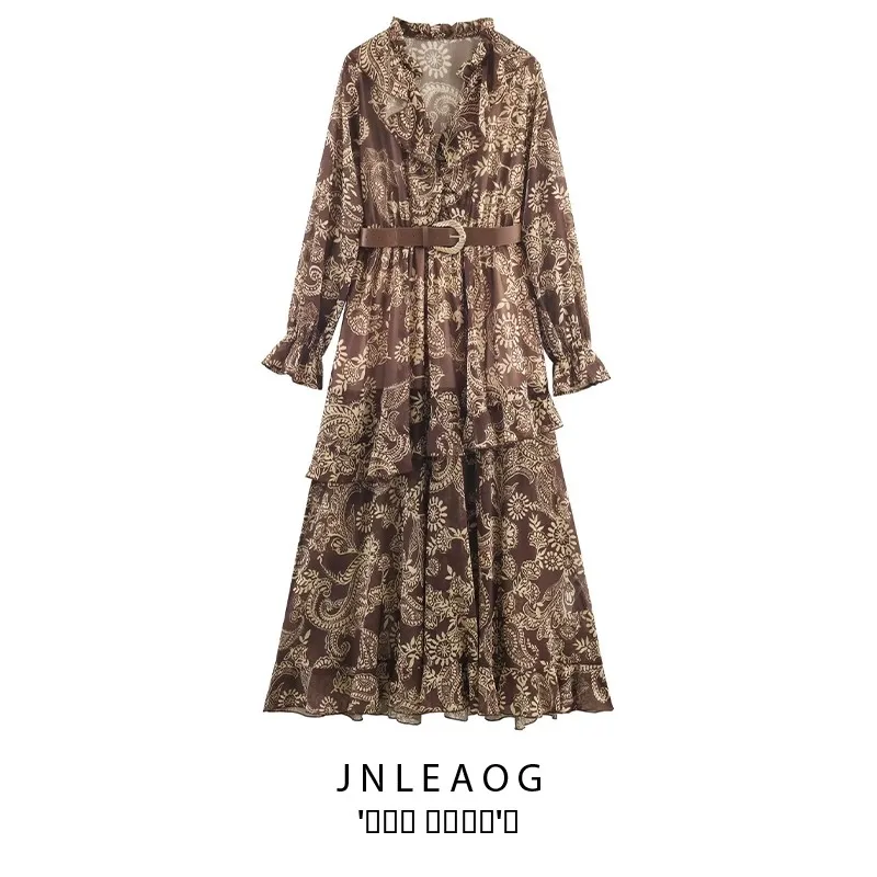 

Ele Women's Long Skirt with Belt And Flounce Print Chiffon Slim Fit V-Ne Casual Straight Tube Dr Autumn New Sle