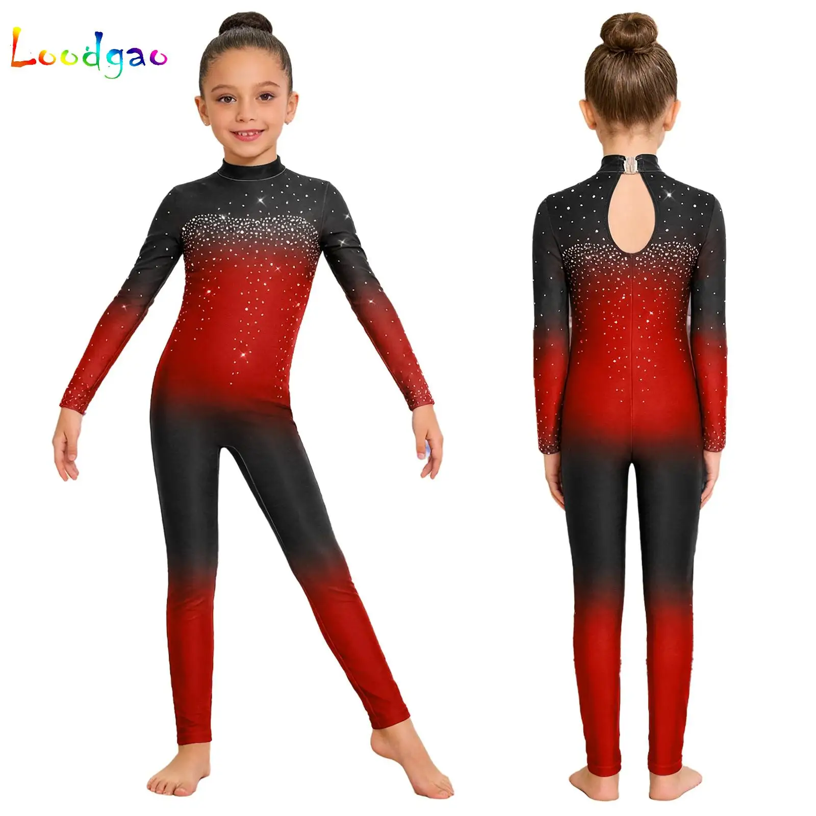 Girls Artistic Skating Gymnastics One-piece Suit Children Long Sleeve Rhinestone Full Body Unitard Ballet Jumpsuits Dancewear