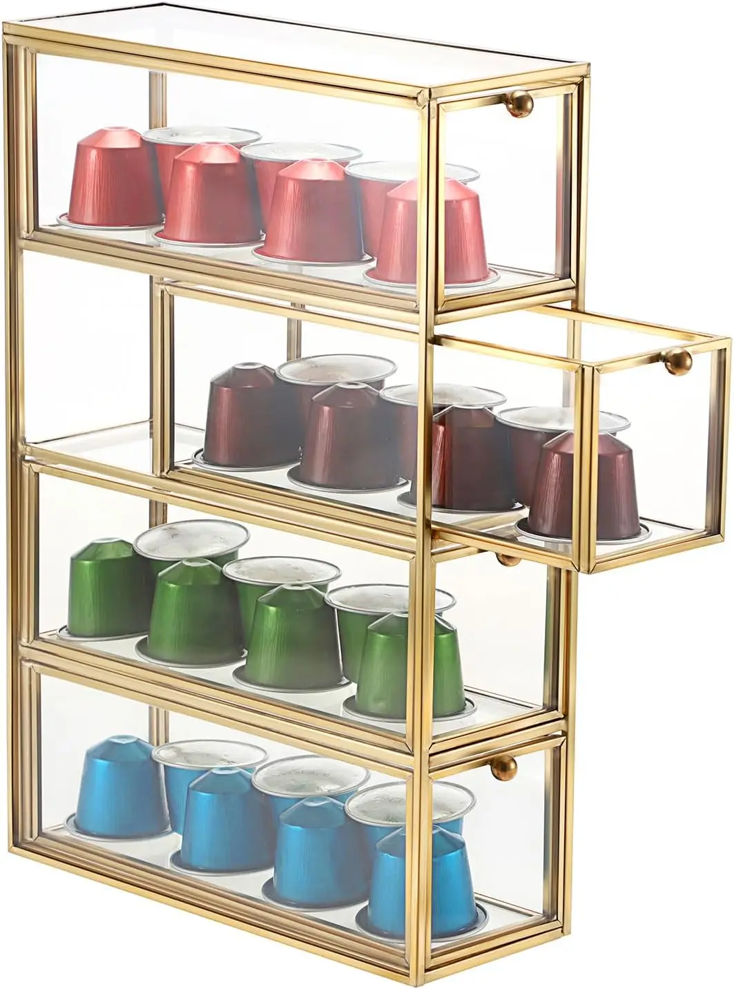 

Coffee Pod Holder with 4 Drawers, Gold Glass Coffee Pod Organizer for K Cup Espresso, Clear Coffee Capsule Storage Holder
