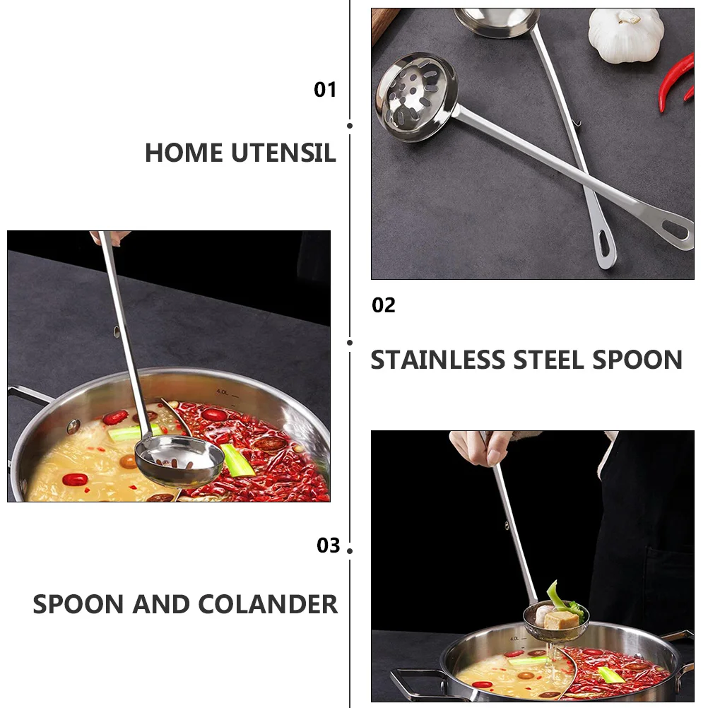 Ladle Soup Colander with Hook Spoon Food Serving Hot Pot Skimmer Spoons Silver Hotpot