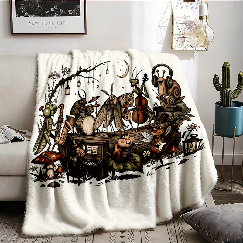 Vintage Insect Graphic Soft Blanket, Musician Bug Comfy Blanket, 90s Insect Lover Flannel Blanket, Noah Bugs Vintage. La