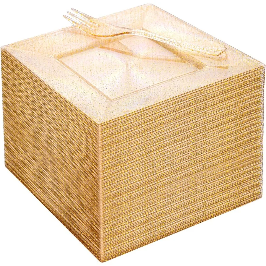 

100Pcs Gold Glitter Dessert Plates Set with 50Pcs Appetizer Plates 6 and 50Pcs Plastic Forks 5.7 Gold Glitter Plastic Square Pl