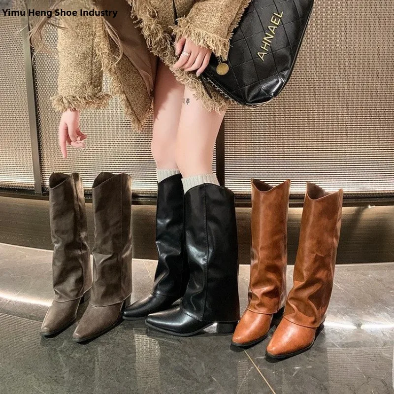 

Trendy Long Boots Women's Pointed Toe High Heel over Knee Fashionable Autumn Winter New Style Street Style Polyester Fiber