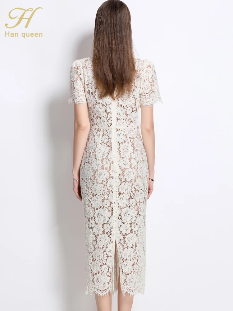 casual lace dress styles White Lace Summer Dress Women Slim A-Line Midi