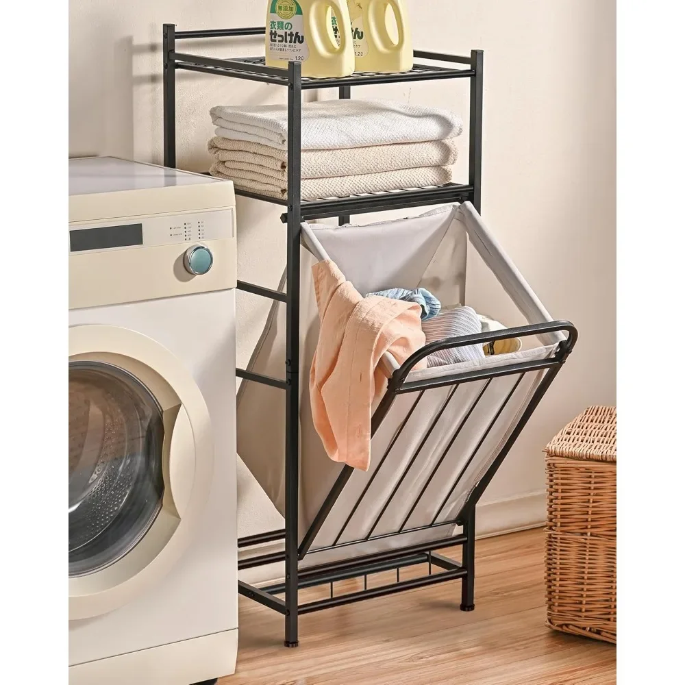 

Tilt Out Laundry Hamper with Shelf, Laundry Basket Laundry Hamper Cabinet with Removable Liner Bag, 65 Liter