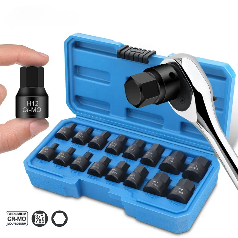 

Allen Key Socket Set 3/8 Inch Metirc Size 6 To 19mm 1/4" To 3/4" Hex Ratchet Wrench Head Auto Repair Hand Tool with Case