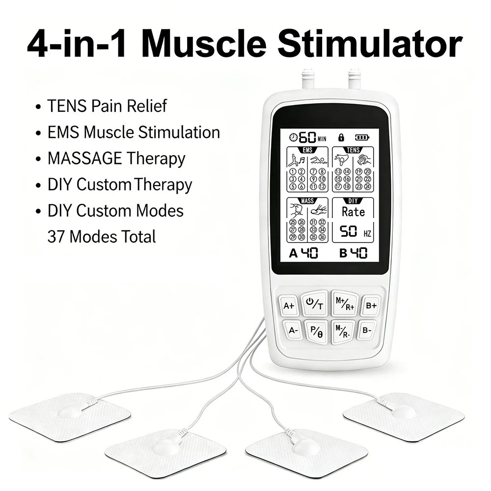 4-in-1 TENS Unit Muscle Stimulator Dual Channel EMS Massage Machine Electric Massage Stimulator for Back Pain Muscle Relaxation
