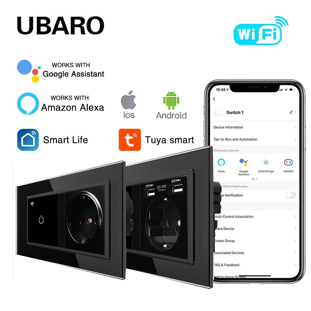 

UBARO EU 146*86mm Tuya Smart Home Wifi Light Switch Socket Inteligente Sensor Switch Power Outlet For Google Home Alexa Voice