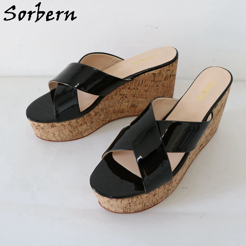 

Sorbern Black Shiny Cross Women Slippers Outdoor Summer Shoes Crok Wedges Platform Slip On Fetish Shoes Unisex Slides Custom