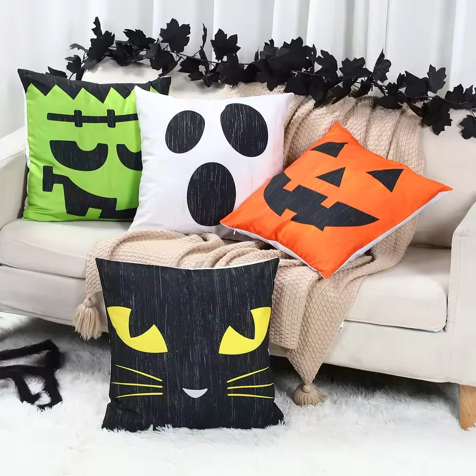 1 x dekorativer Halloween-Kissenbezug, Halloween-Kissenbezug mit lustigem Ausdruck, geeignet für Party, Zuhause, Raumdekoration