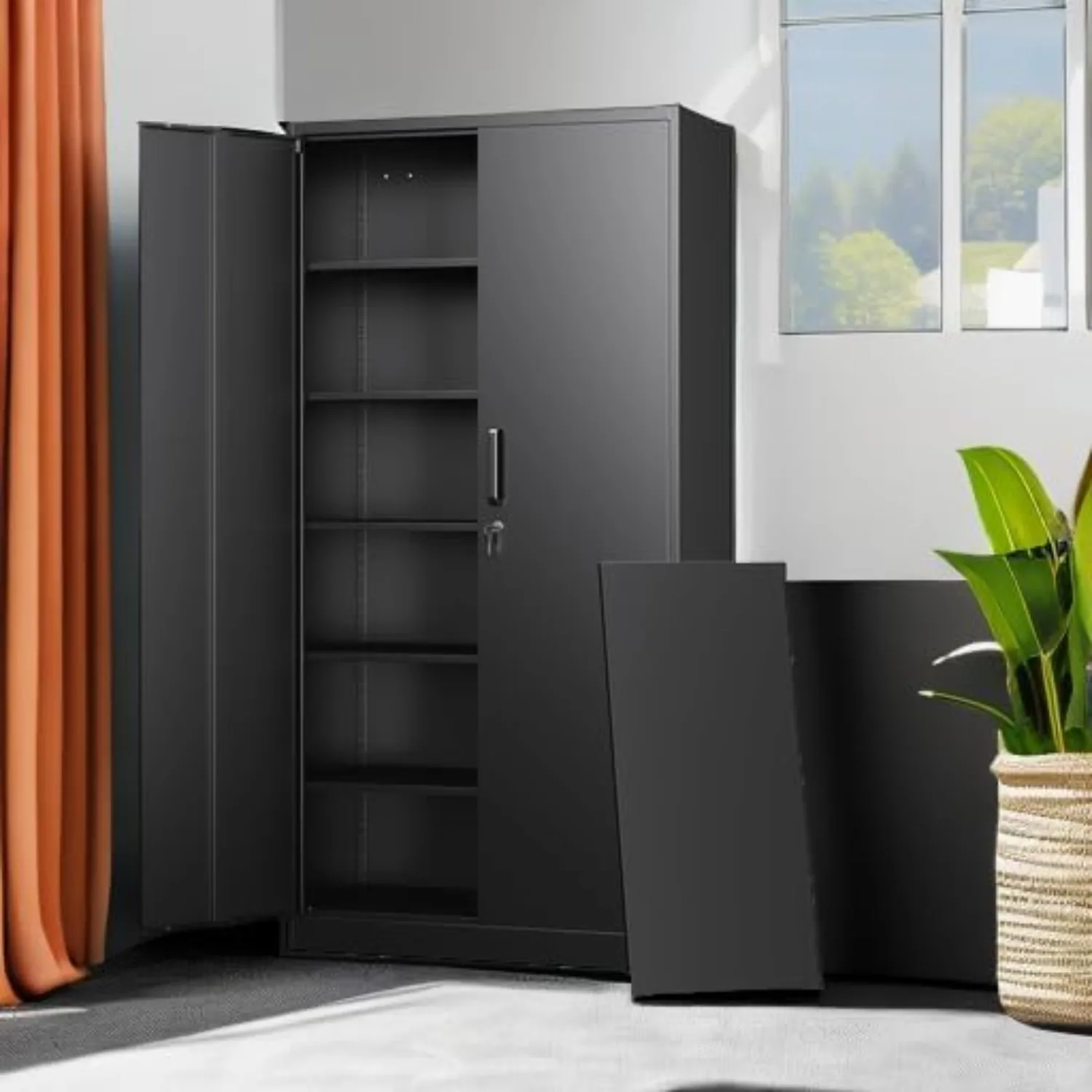 Metal Storage Cabinets with Lock Doors,Tall Locker Organizer Steel Garage Cabinets, 5 Adjustable Layers Shelves (Black)