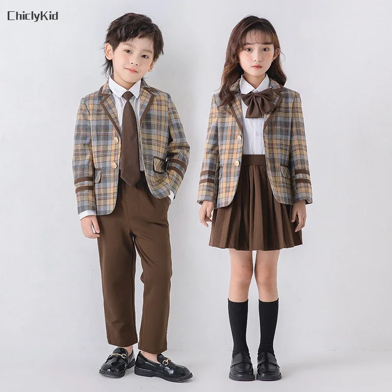 Child School Uniform Girls Korean Japanese Plaid Jacket Pleated Skirts Boys Blazers Formal Dress Suits Kids Student Clothes Sets