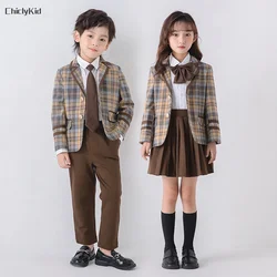 Child School Uniform Girls Korean Japanese Plaid Jacket Pleated Skirts Boys Blazers Formal Dress Suits Kids Student Clothes Sets