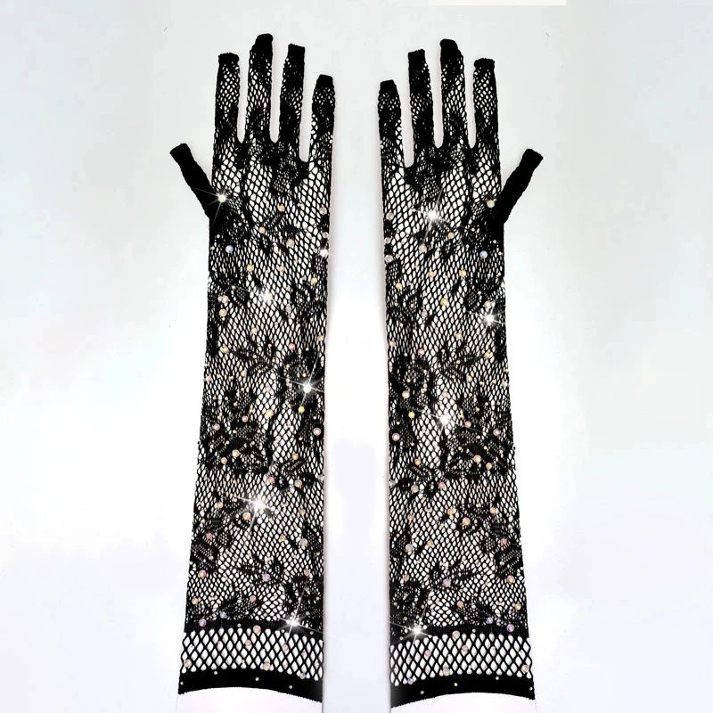 Sexy Shining Flash Drilling Lace Gloves Cosplay Nightclub Fingerless Sleeves Woman\'s Stage Performance Hollow Mesh Long Mittens