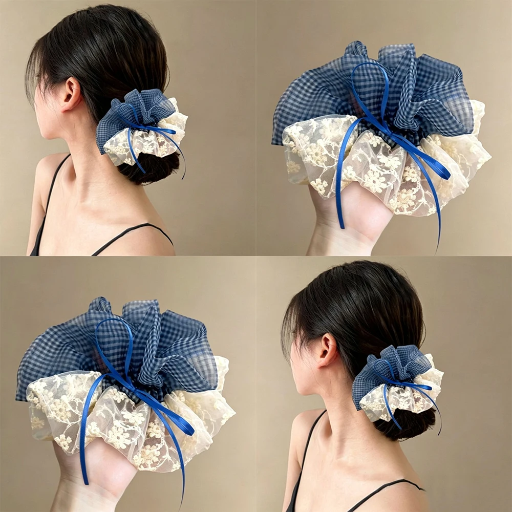 1pc Double Layer Grid Floral Lace Big Scrunchies Ribbon Bow Organza Hair Ties Sweet Retro Hair Accessories for Teen Girls Women