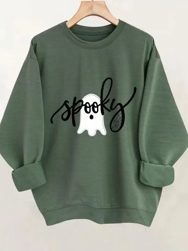 Spooky Season Sweatshirt Women Sage Green Halloween Pullover Cute Ghost Spider Web Graphic Sweatshirts Casual O Neck Top