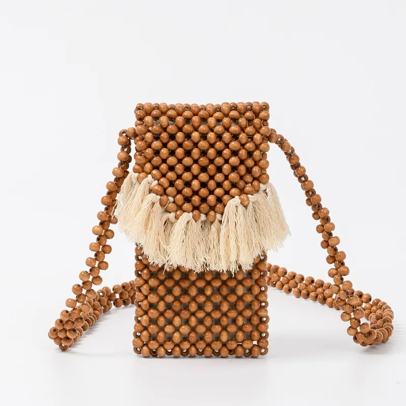 

Cute Hollow Crossbody Phone Bag Summer Handmade Wooden Beads Woven Bag Seaside Holiday Tassels Mini Bags Vacation Souvenir