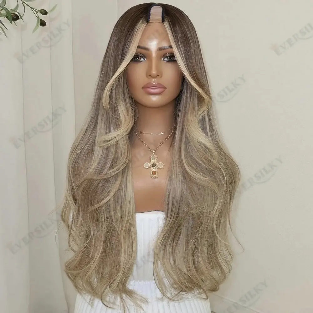 Lange, leicht gewellte, aschblonde Balayage für Damen, 1x4 U-Part Perücke, klebefrei, V-Part, Remy Echthaarperücke, maschinell gefertigt, verstellbar
