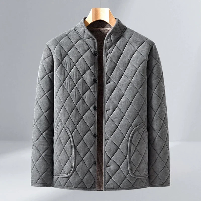 

Mens Winter Jacket Windproof Thickened Padded Jacket Casual Diamond Warm Fleece Lined Coat Middle-Aged Dad's Solid Outdoor Wear