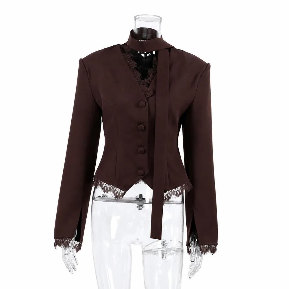 Soft Texture V Neck Women Lace Blazer White Tone Waist Taper Suit Outerwear Lace Weave Fall Season Formal Coat Casual Gathering