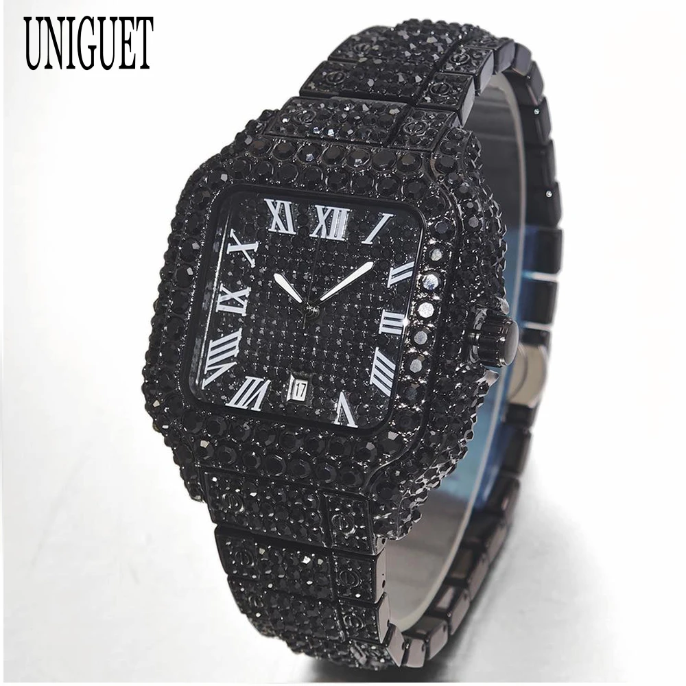 Cool Black Iced Watch For Man Fashion Brand UNIGUET Hip Hop Diamond Bling Bling Jewelry Square Wrist Watch Mens Dropshipping