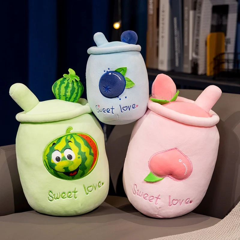 

20~70cm Fruit Juice Bubble Tea Plush Pillow Stuffed Peach Watermelon Blueberry Drink Bottle Boa Ultra Soft Cushion Present