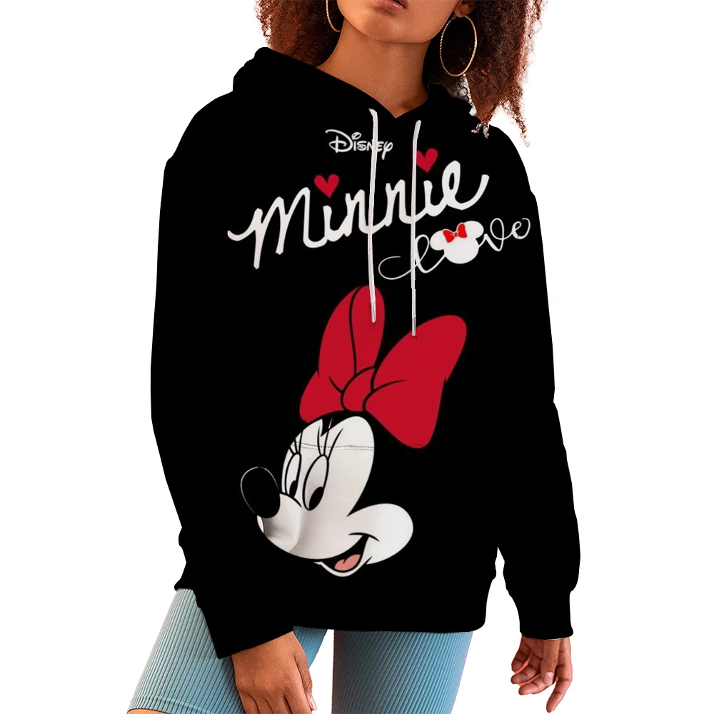 Disney-Moletom feminino de manga comprida com estampa de Mickey Mouse, Hoodies soltos, Minnie, streetwear grande, casual, outono