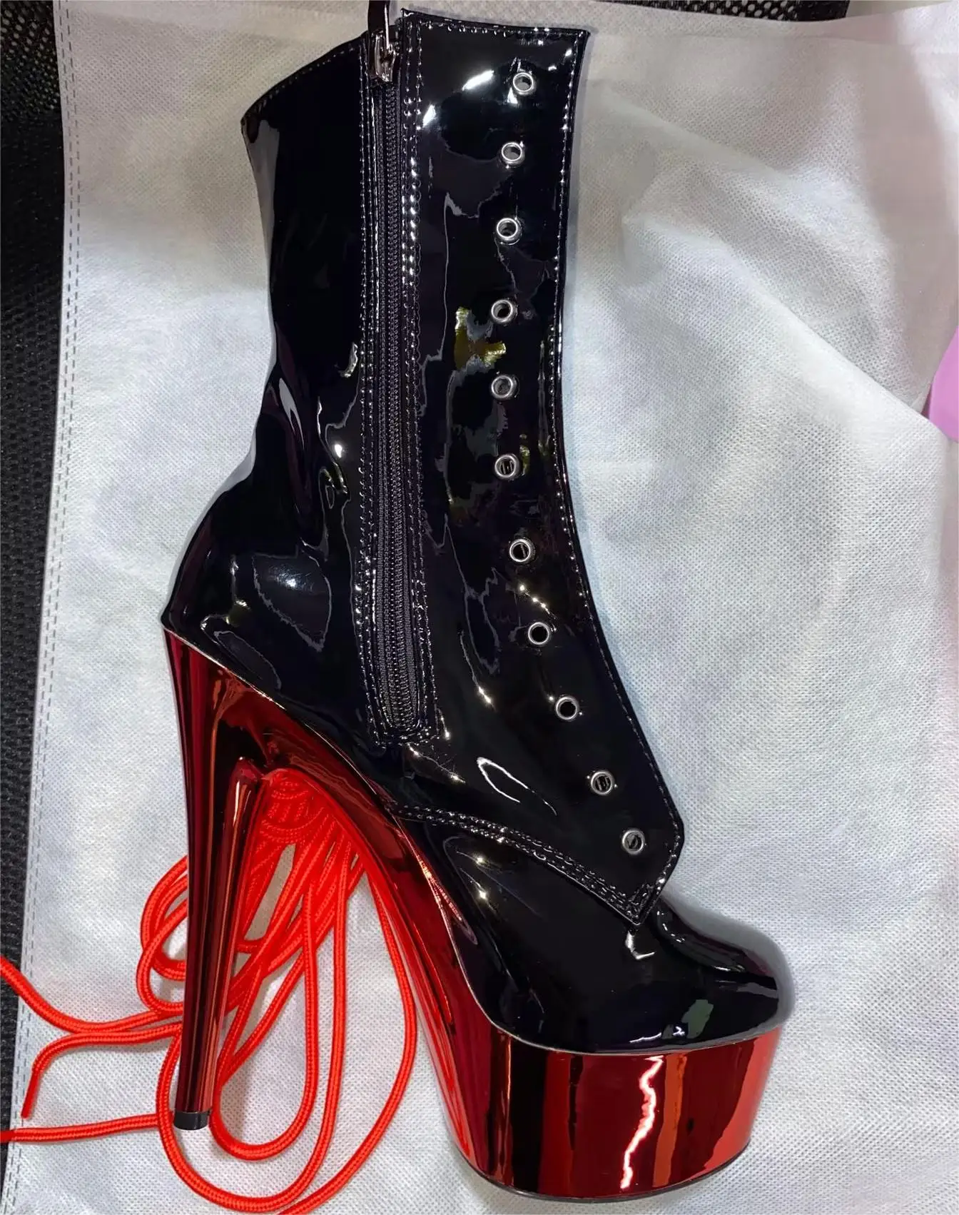 Fashion super high heels, black and red 15cm classic ankle boots, 6 inch stiletto pole dancing ankle dance shoes