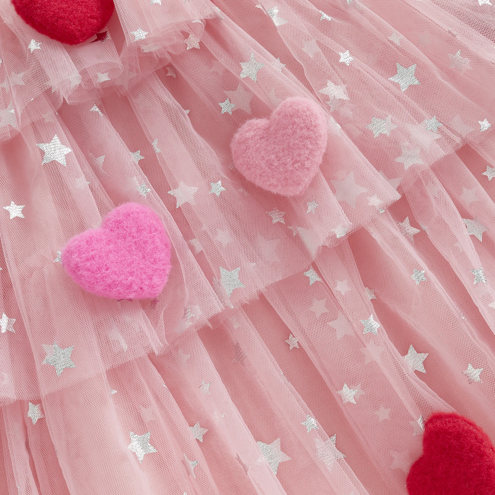 Kids Girl Cute Valentine Day Dress Star Print Square Neck Sleeveless Layered Tulle Dress with 3D Heart 1-9 Years
