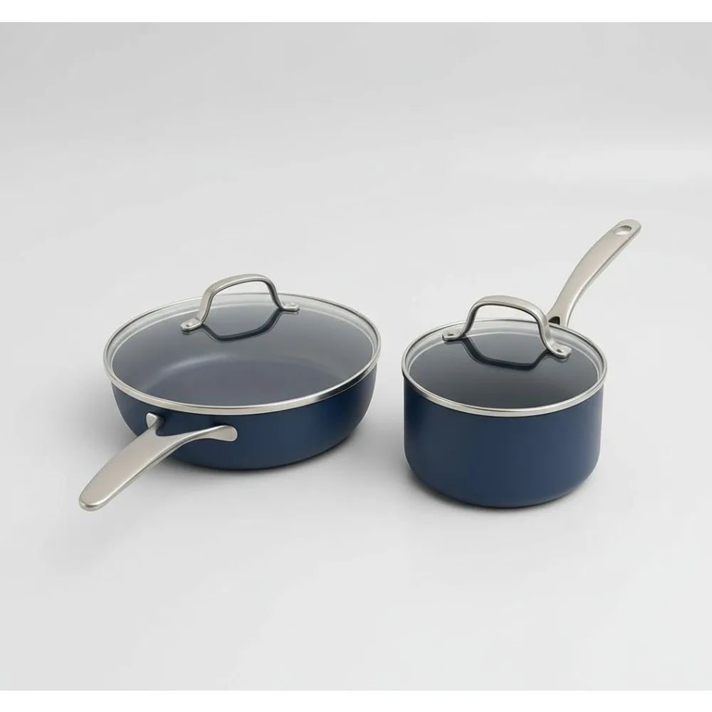 

Diamond Infused Nonstick Cookware Set 2QT Saucepan & 8" Skillet PFAS-Free Ceramic Oven Safe Blue