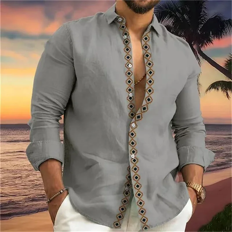 

Printed solid color men's shirt fashionable casual street vacation long sleeved button up shirt