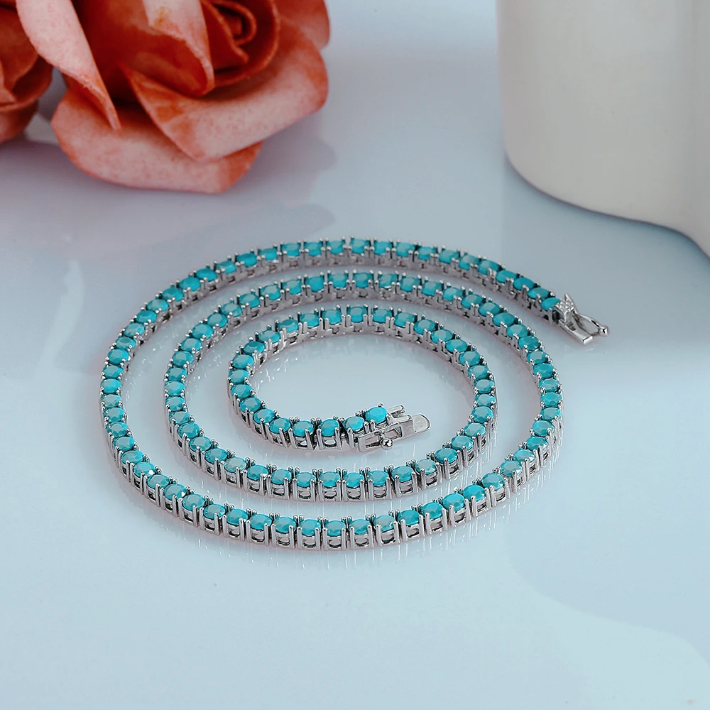 16-24 Inch (41-60cm) 100% Guarantee Real 925 Sterling Silver Tennis Chain Necklace 3mm Turquoise Blue Stone Fine Jewelry Choker