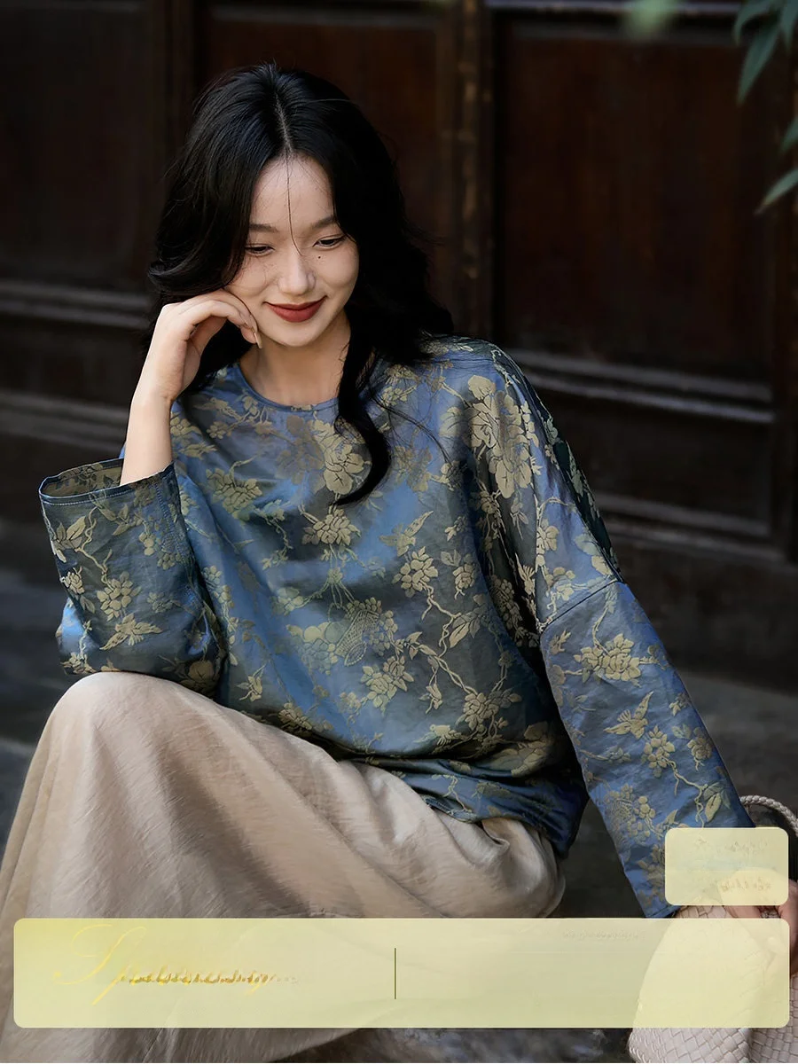 

New Chinese Sle Loose Top Silk Cotton Linen Embroidered Satin Double Sided Wear Courard Spring Scene Flowing irt