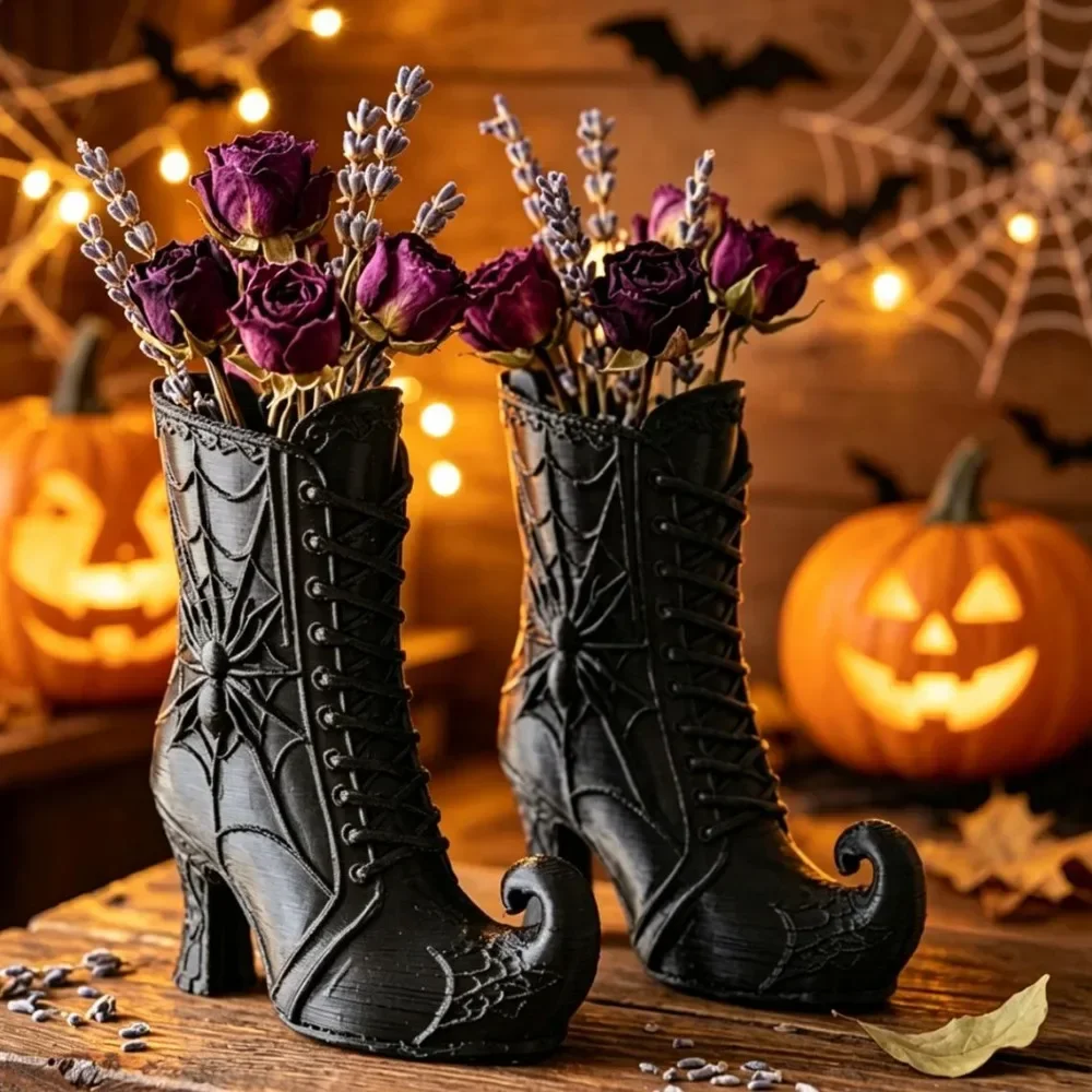 3/1PC Mini Gothic Witch Boot Pen Holder Halloween Desktop Ornament Flower Vase Jewelry Trinket Storage Pot Halloween Party Decor