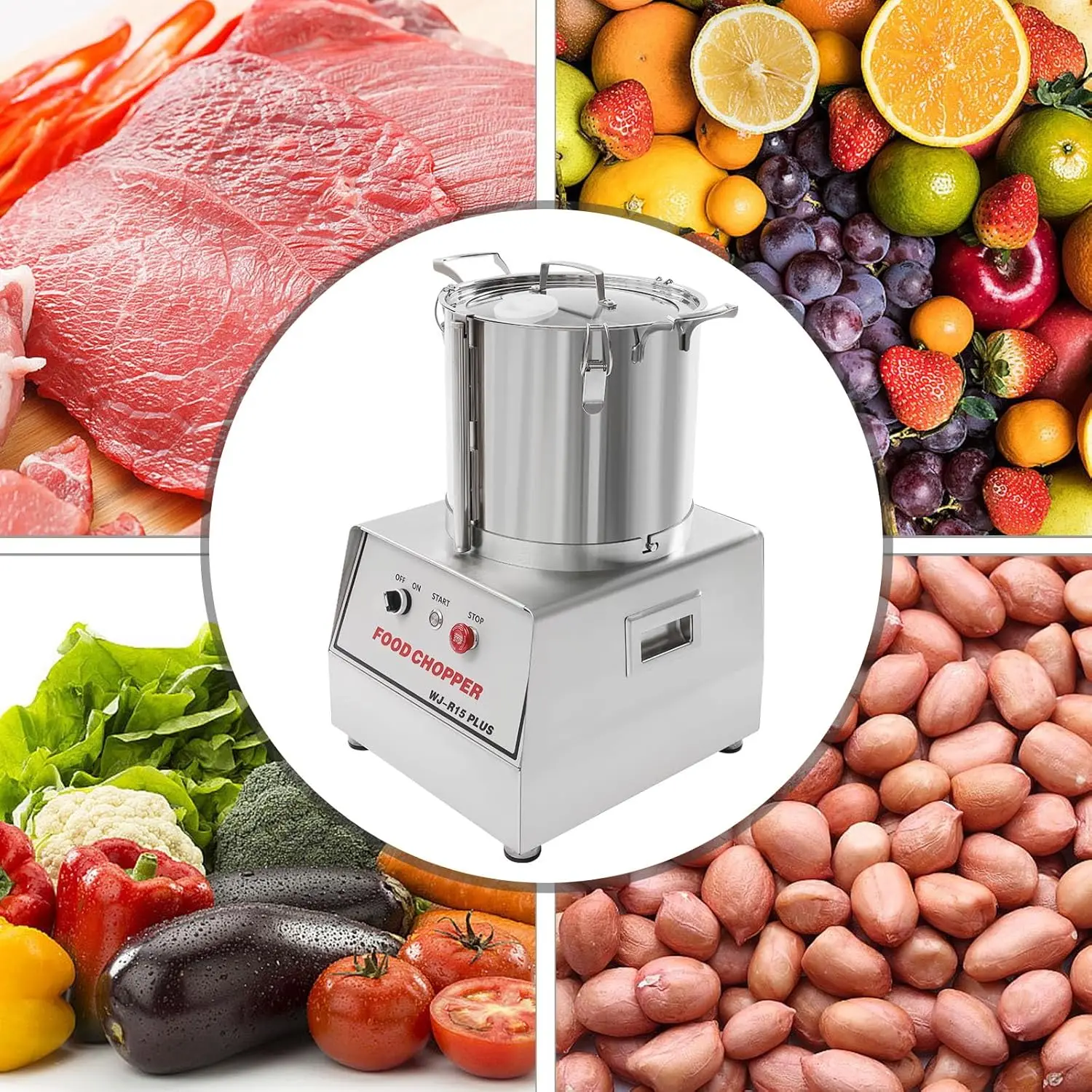 15L Food Processor, Stainless Steel Grain Grinder, Food Processor W/S-Shaped Blade And Power Cord For Vegetable Fruits Grains