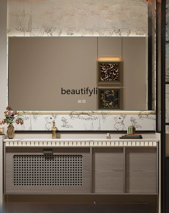 

Medieval style bathroom cabinet rock slab hot bending integrated basin combination light luxury washing table wash basin