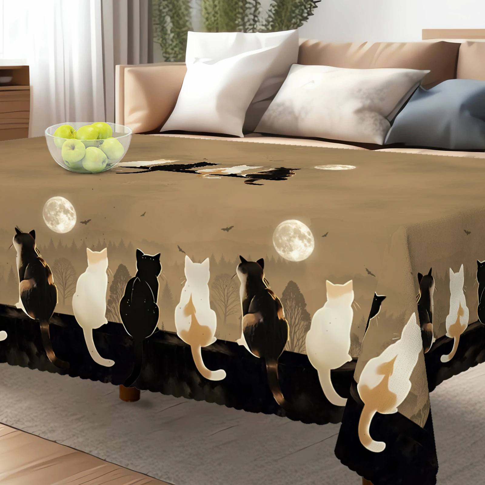 1 Piece, Cat Back Moon Tablecloth + 4 Self-Adhesive, Cute Cat and Moon Pattern, Warm Atmosphere at Night, Round/Rectangular Tablecloth for Home, Kitchen Decoration, Spring Outdoor Garden, Holiday Party, Restaurant Banquet Decoration-Oo-016