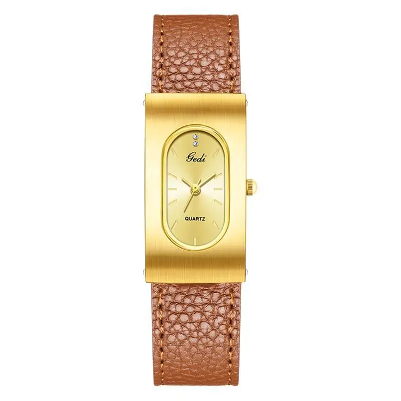 Fashion Gedi Top Brand Quartz Luxury Clock Rectangle Square Dial Orologio Black Brown Leather Strap Vintage Reloj Ladies Watches