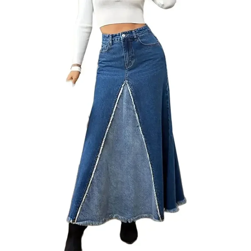 

Fashion Large Hem Splicing Umbrella Long Skirt Women High Waist Button Denim Half-body Dress Female Office Commuter Casual Wear