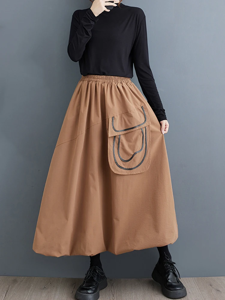 XITAO Patchwork Big Pocket Elastic Waist Female Skirt Loose Casual All-match Personality Autumn Women New Fashion Skirt ZY8893